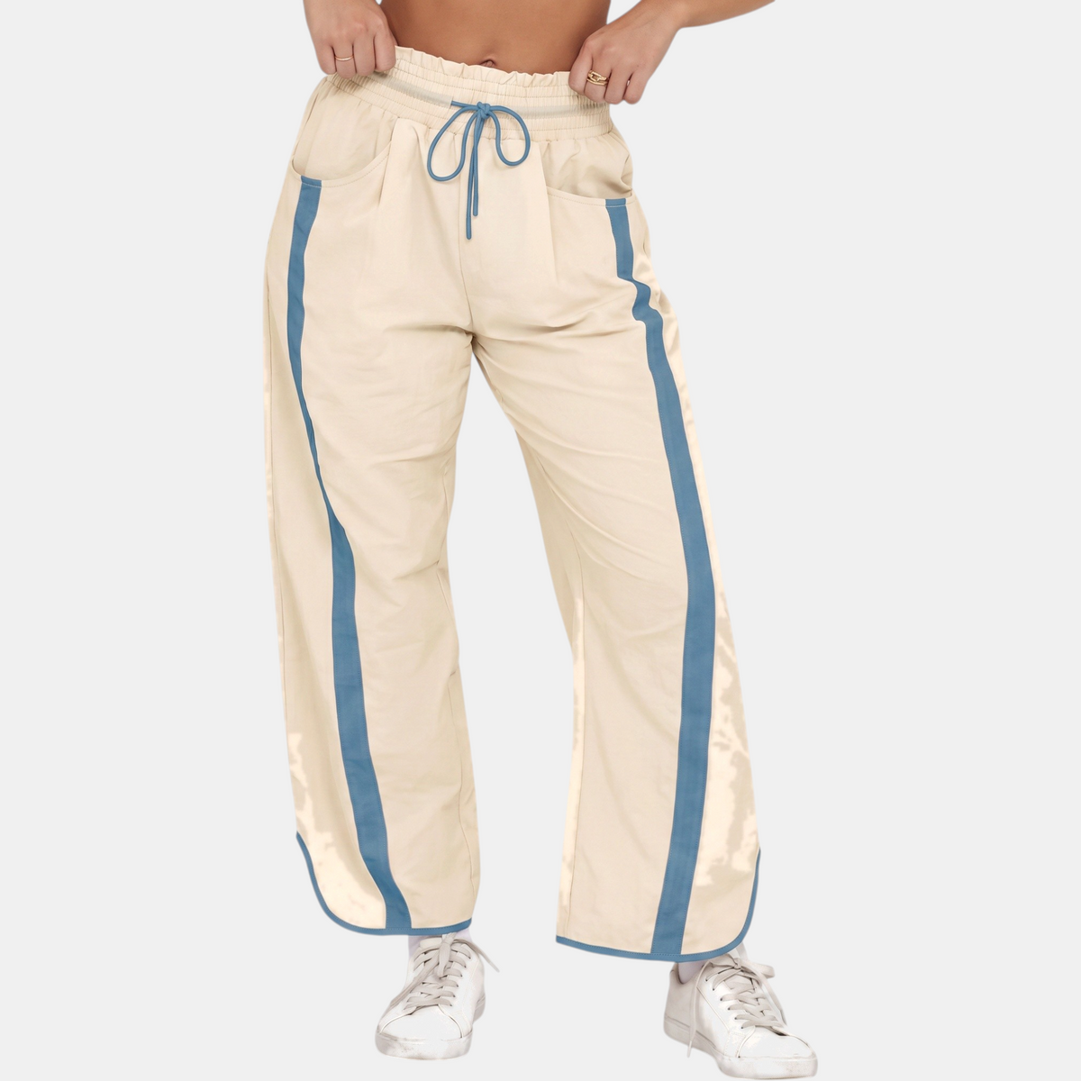 Women's Wide Leg Barrel Pants with Contrast Side Stripe Drawstring Waist
