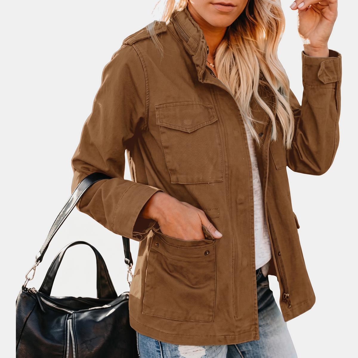Women's Utility Field Jacket Zip Up Multi Pocket Snap Button Anorak
