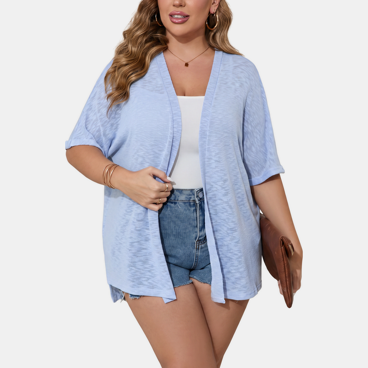 Women's Short Sleeve Open Front Cardigan Textured Knit High Low Hem