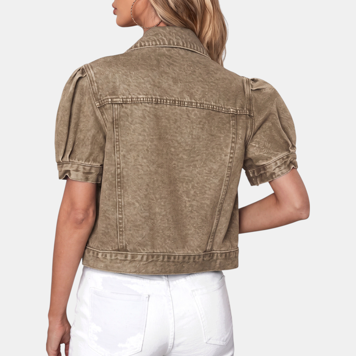 Women's Puff Sleeve Cropped Denim Jacket Button Front