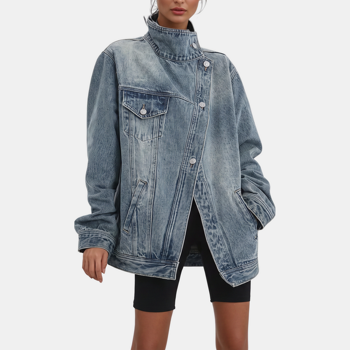 Women's Asymmetric Button Front Oversized Denim Jacket