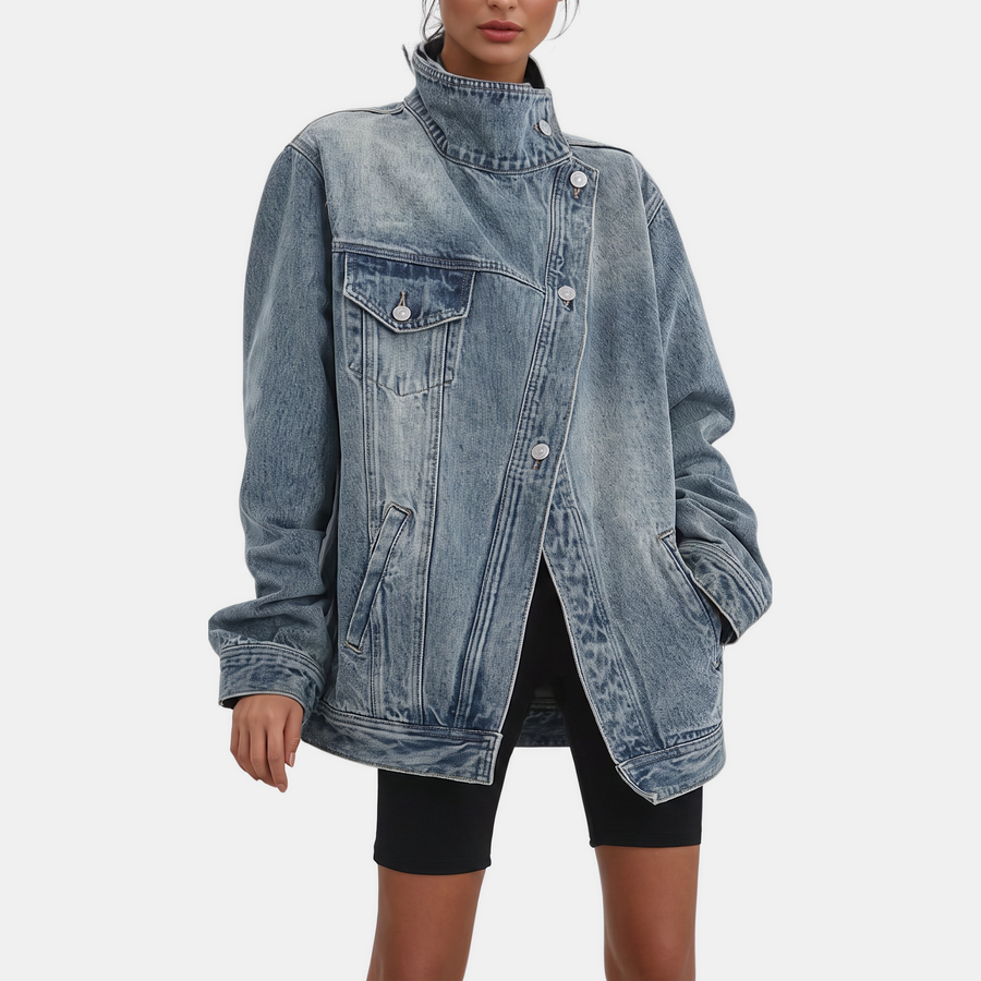 Women's Asymmetric Button Front Oversized Denim Jacket