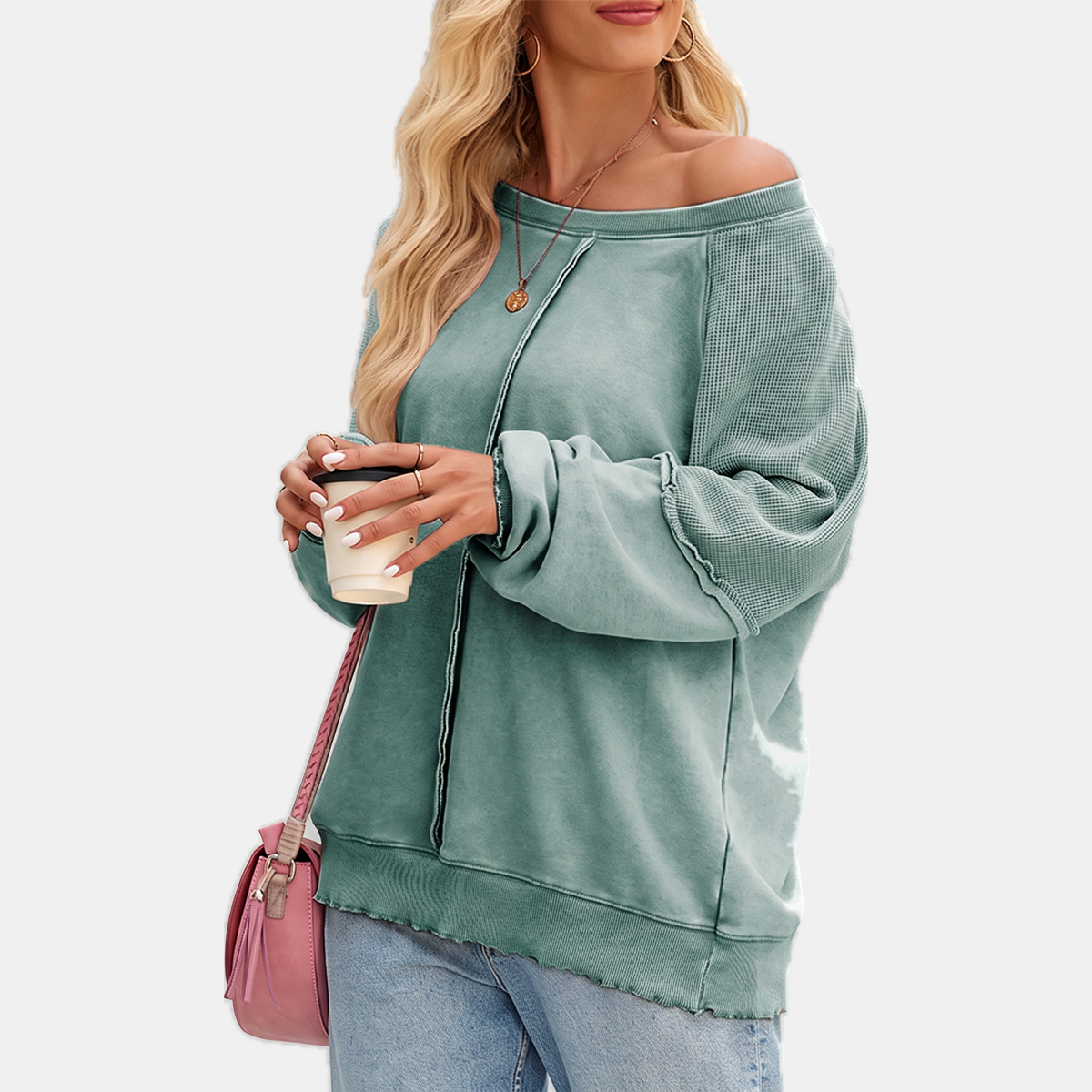 Women's Crewneck Exposed Seam Waffle Knit Oversized Sweatshirt