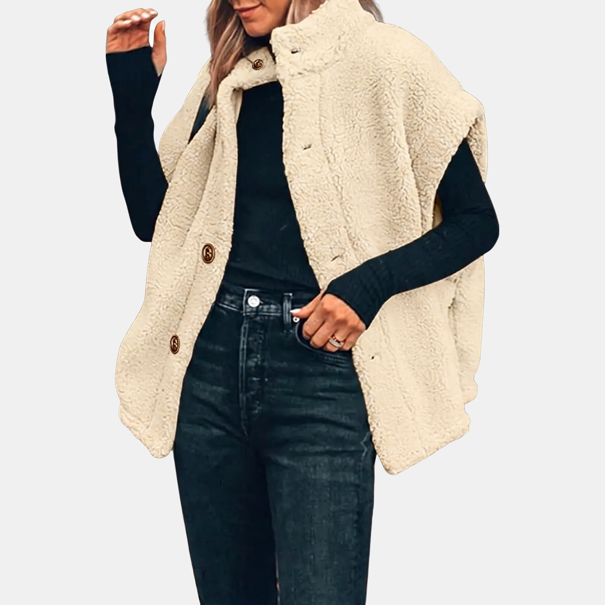 Women's Fuzzy Sherpa Button Front Oversized Fleece Vest with Pockets