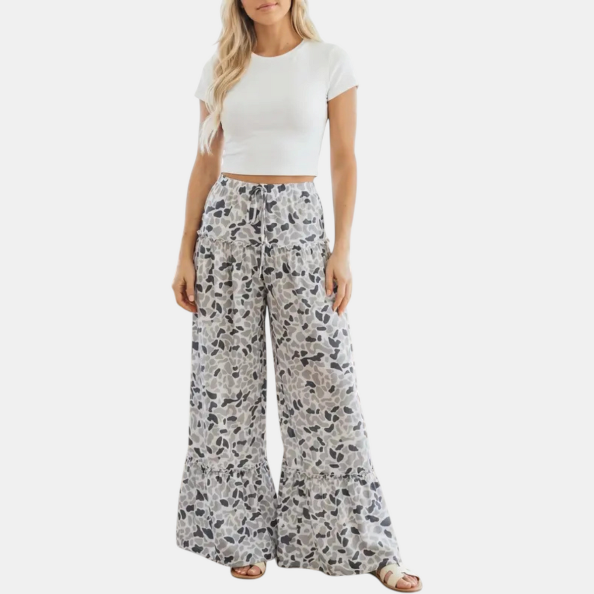 Women's Ruffle Hem Wide Leg Camo Pants with Drawstring Waist