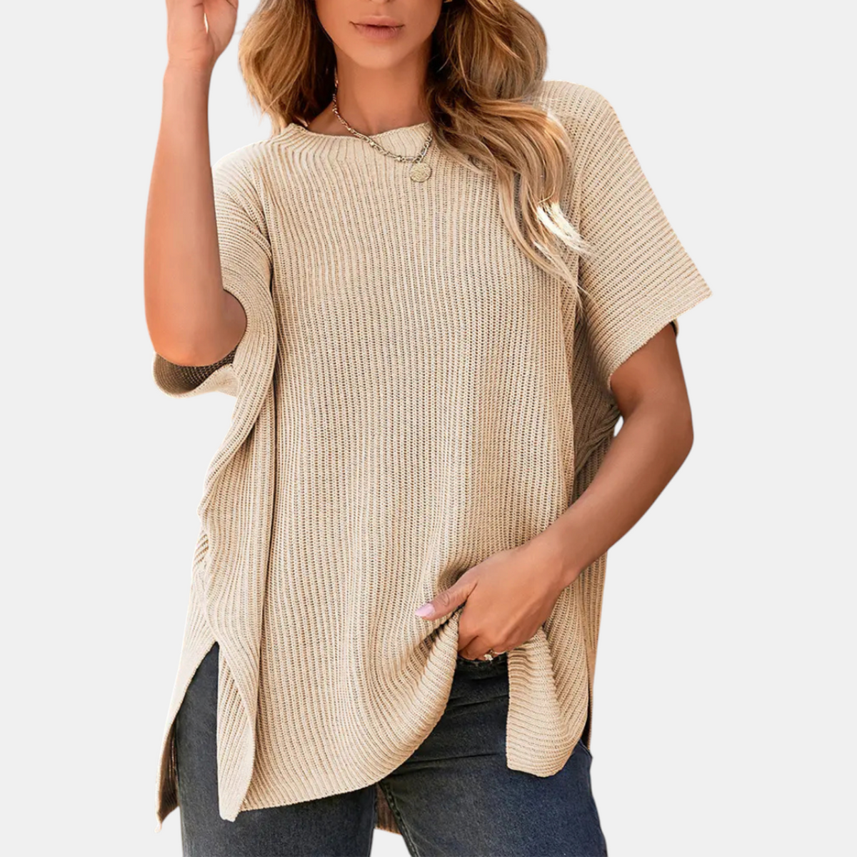 Women's Oversized Drop Shoulder Knit Sweater with Side Slits