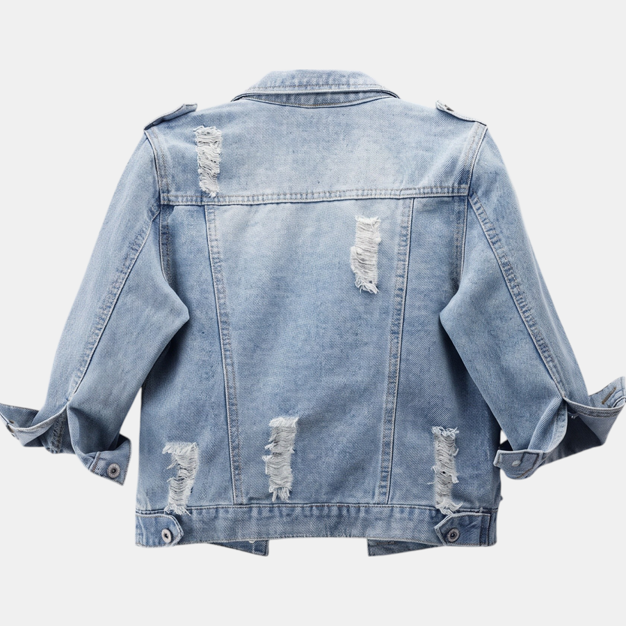 Women's Cropped Distressed Button Front Washed Denim Jacket