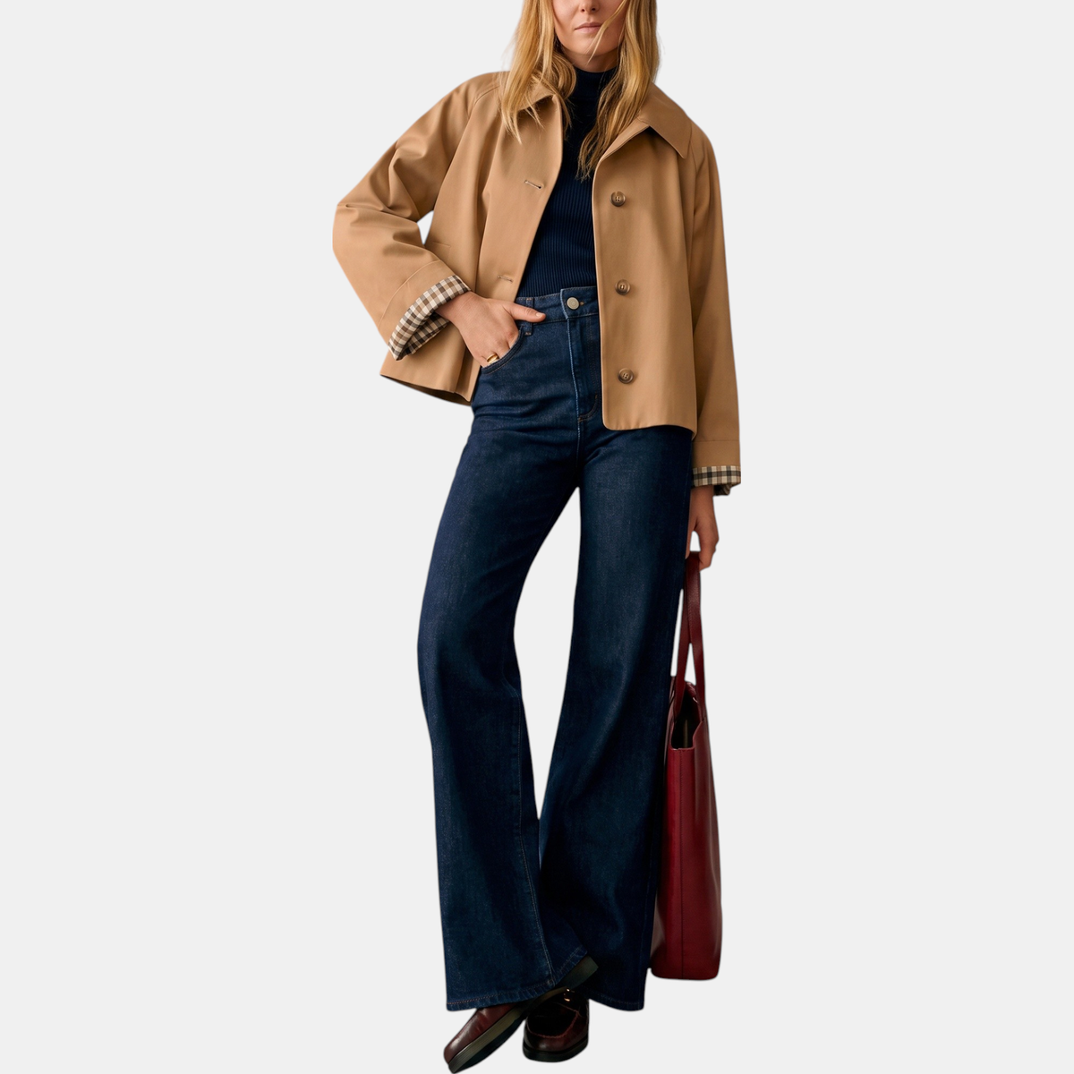 Women's Cropped Trench Coat Single Breasted with Checkered Lining