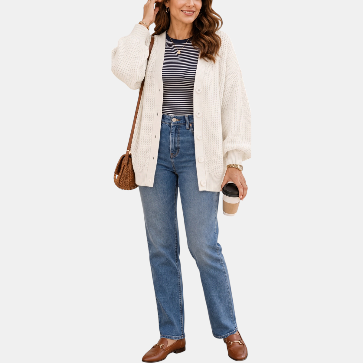 Women's Waffle Knit Cardigan Sweater with Balloon Sleeves