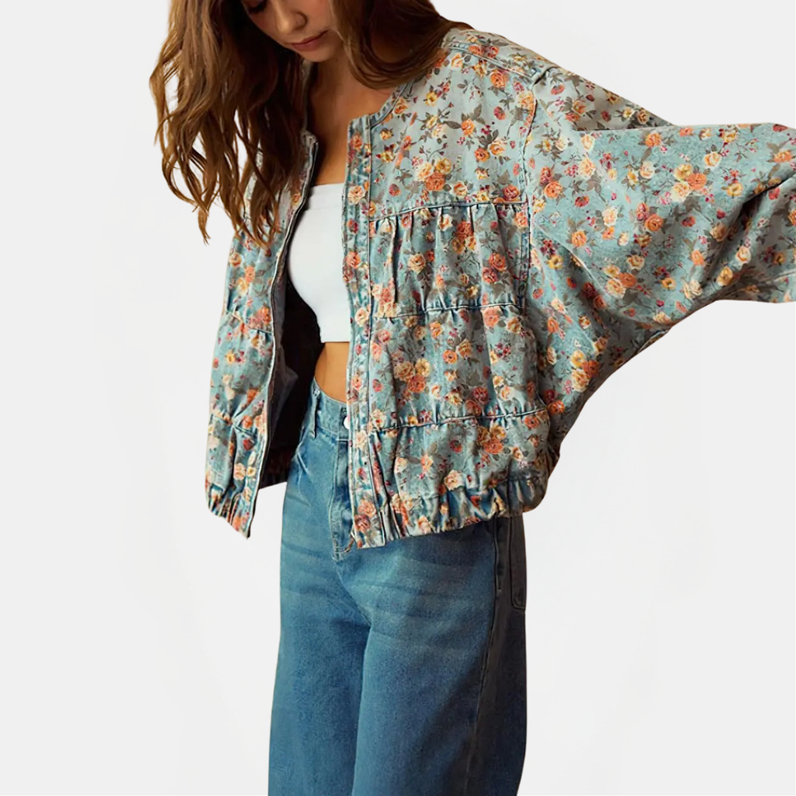 Women's Cropped Bomber Denim Jacket with Batwing Sleeves