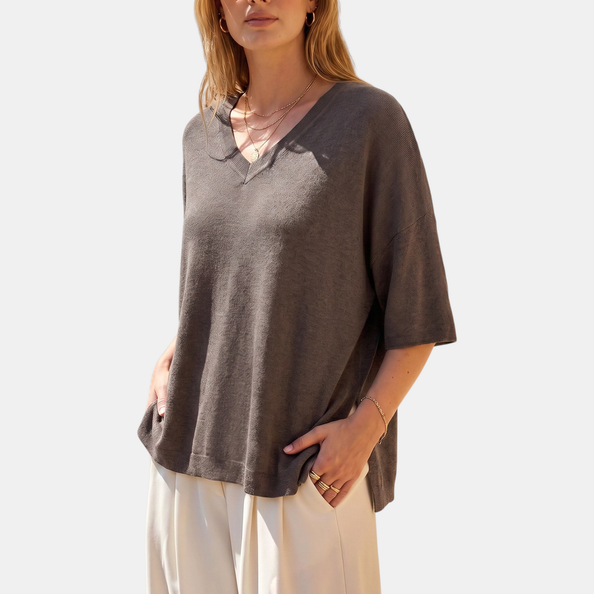 Women's Oversized Half Sleeve V-Neck Knit Sweater Top