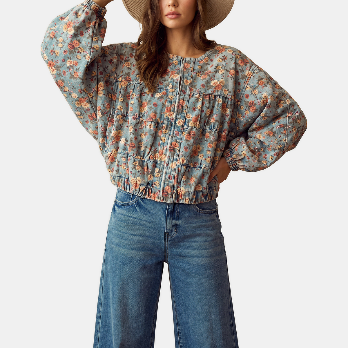 Women's Floral Denim Jacket Oversized Balloon Sleeve Short Coat