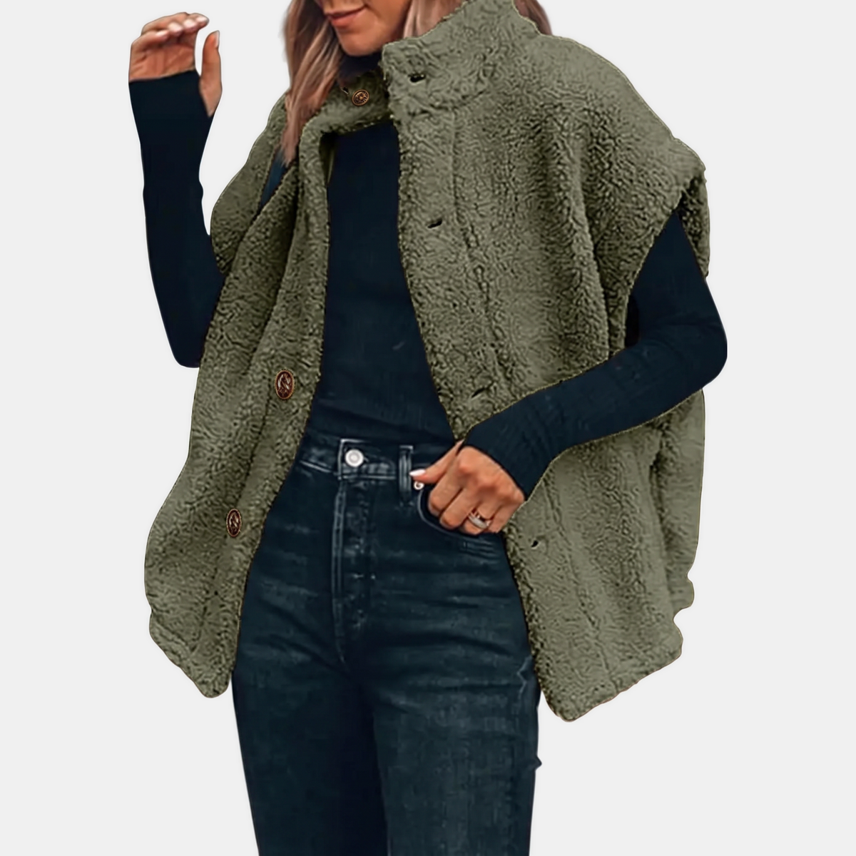 Women's Fuzzy Sherpa Button Front Oversized Fleece Vest with Pockets