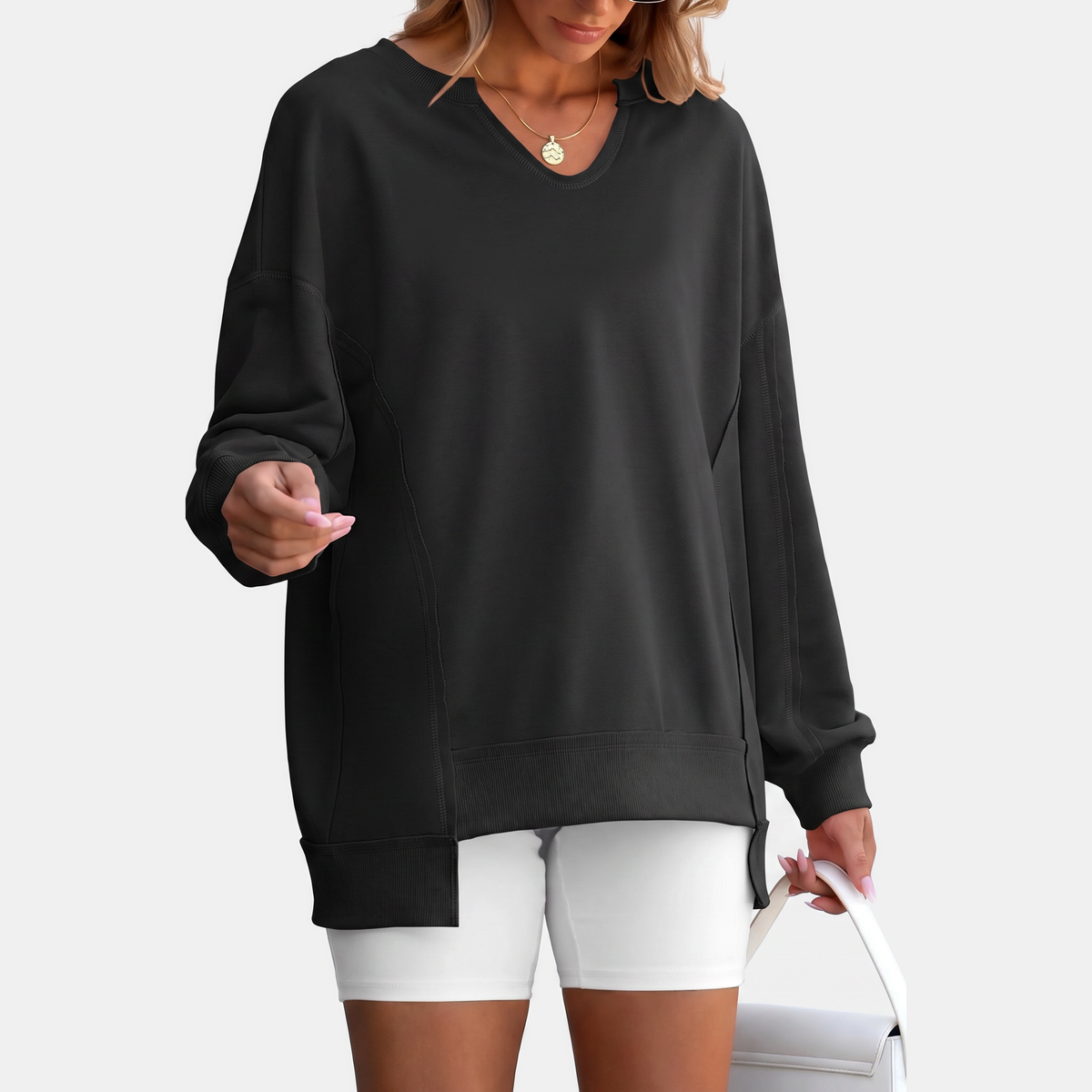 Women's Oversized V Neck Sweatshirt Long Sleeve Tunic Pullover
