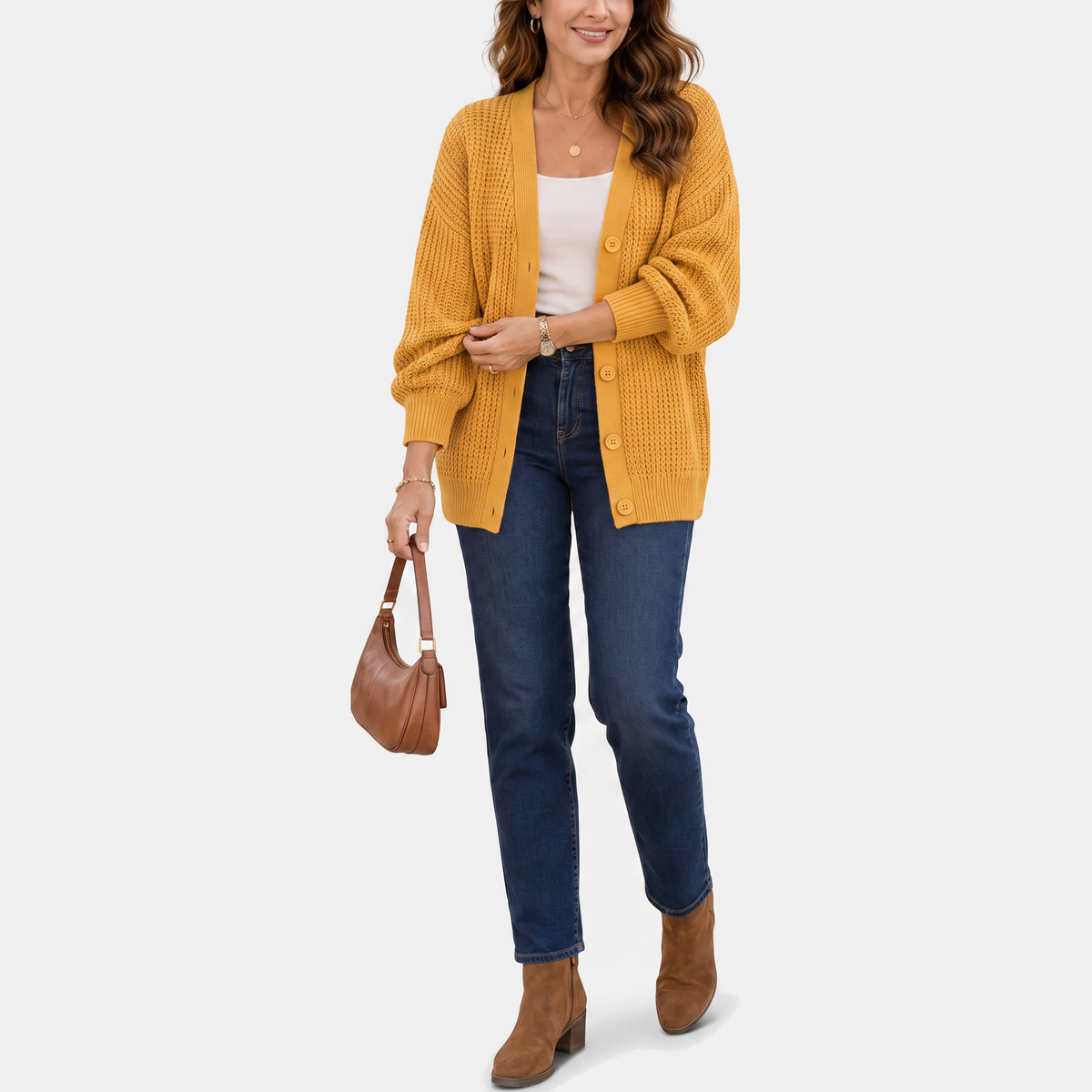 Women's Waffle Knit Cardigan Sweater with Balloon Sleeves