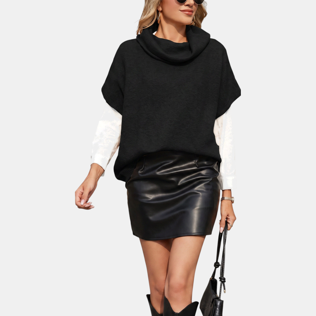 Women's Turtleneck Oversized Batwing Short Sleeve Knit Sweater