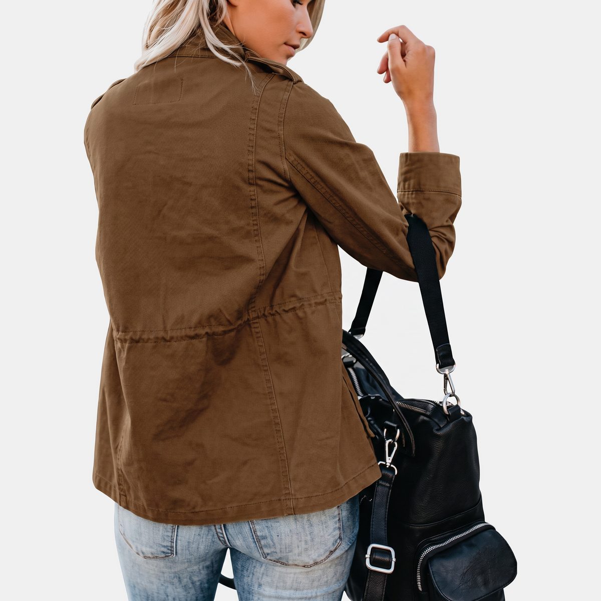 Women's Utility Field Jacket Zip Up Multi Pocket Snap Button Anorak