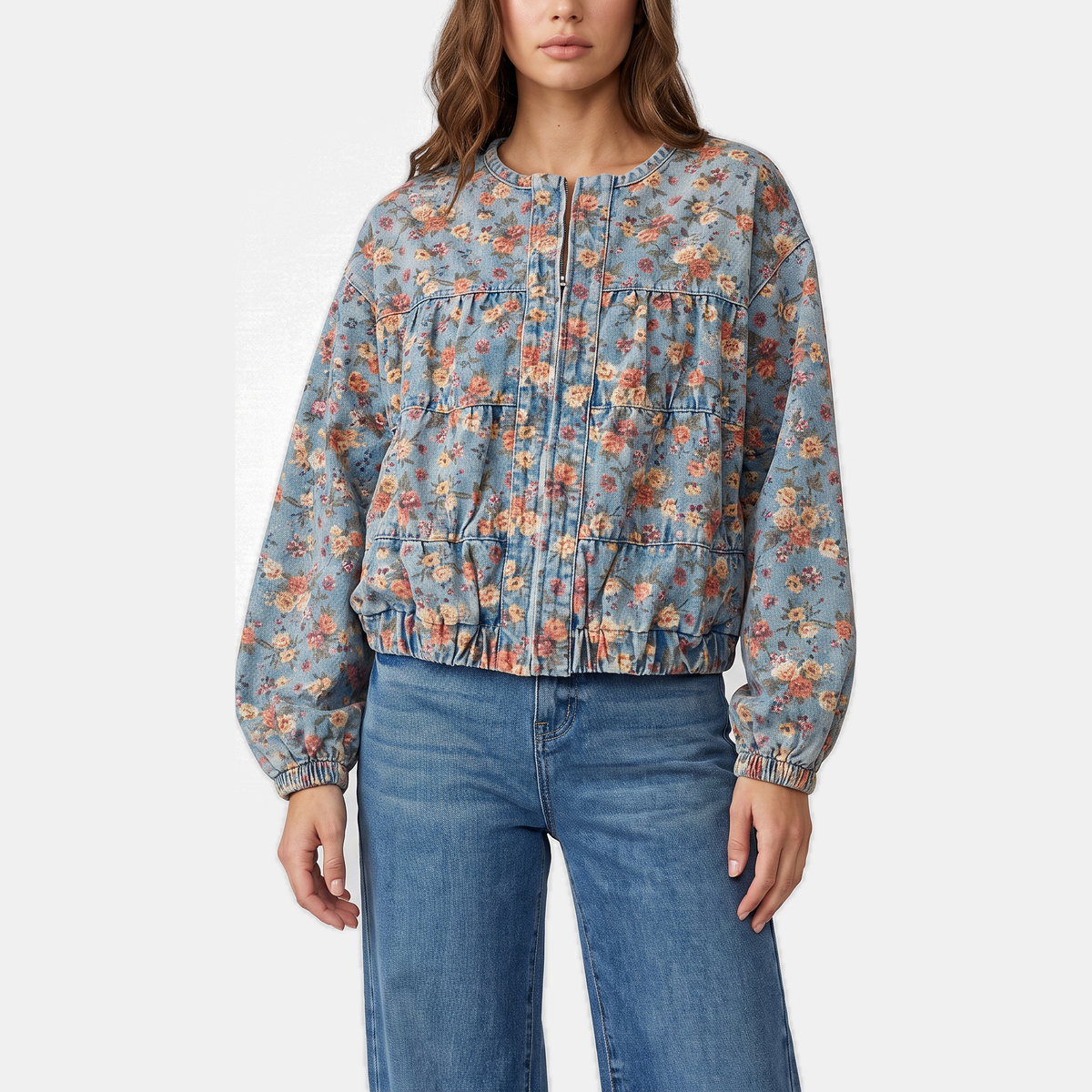 Women's Cropped Bomber Denim Jacket with Batwing Sleeves