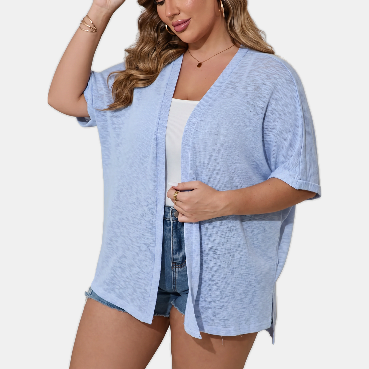 Women's Short Sleeve Open Front Cardigan Textured Knit High Low Hem