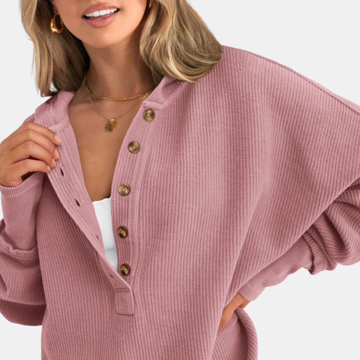 Women's Oversized Hoodie Button Front Ribbed Knit Pullover Sweatshirt