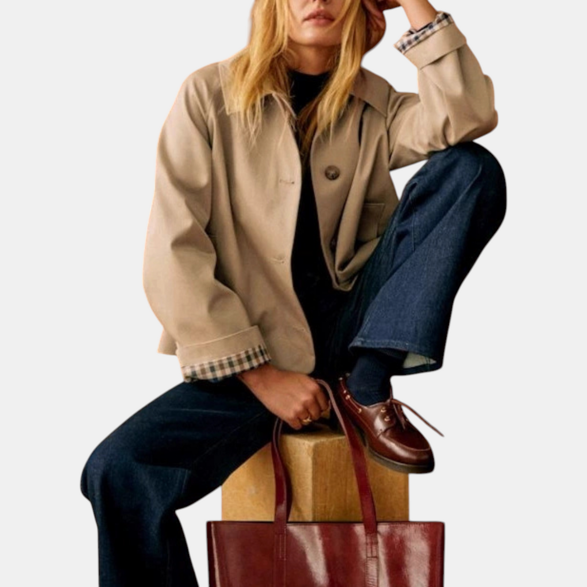 Women's Cropped Trench Coat Lapel Button Front Jacket with Checkered Lining