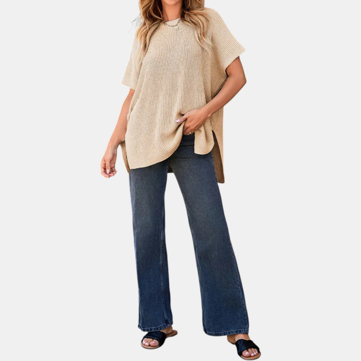 Women's Oversized Drop Shoulder Knit Sweater with Side Slits