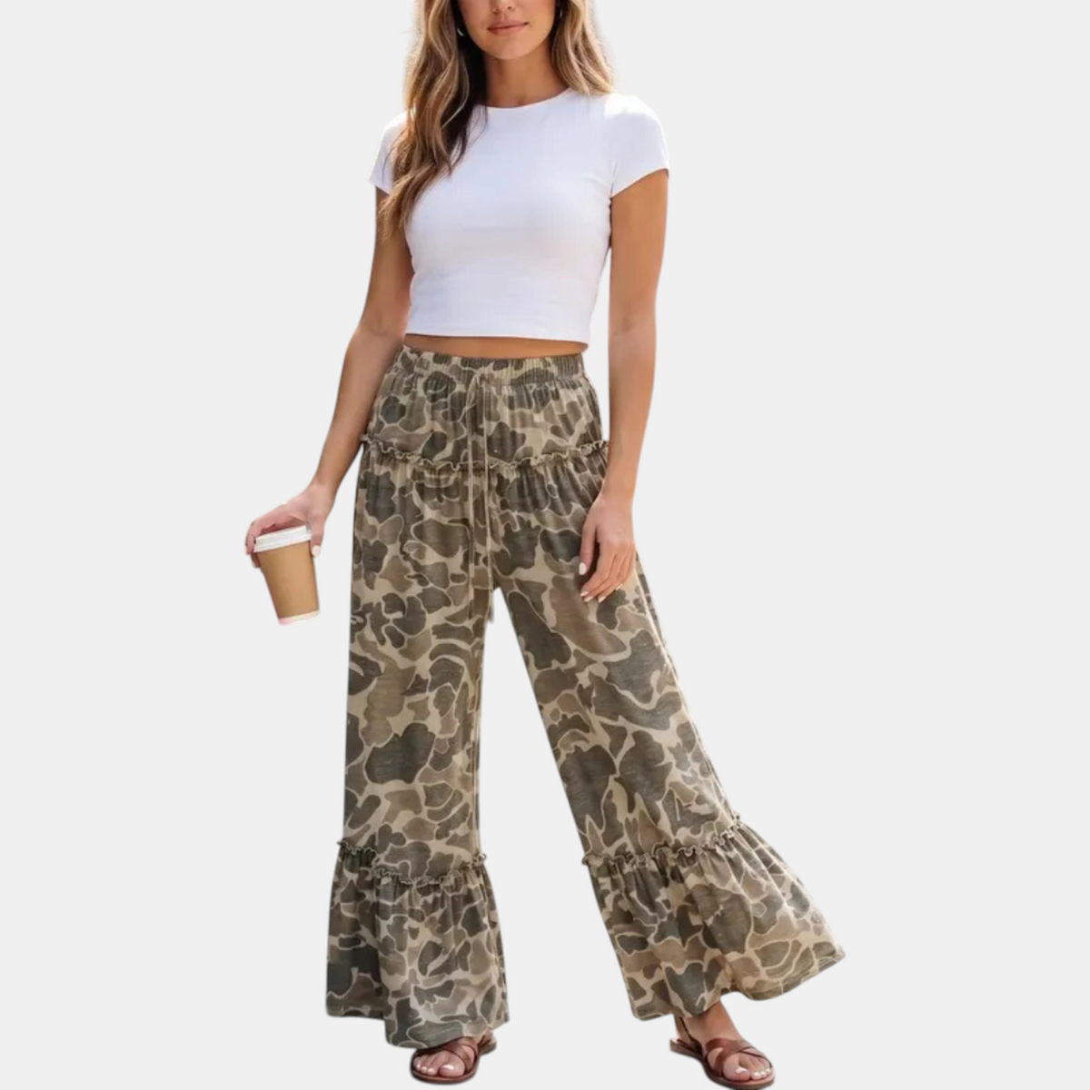 Women's Ruffle Hem Wide Leg Camo Pants with Drawstring Waist
