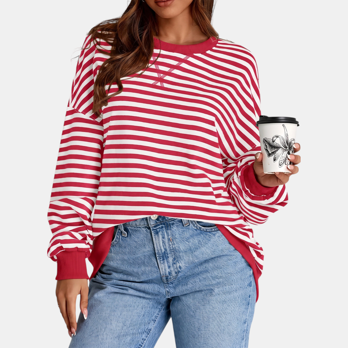 Women's Oversized Crewneck Striped Sweatshirt with Contrast Trim