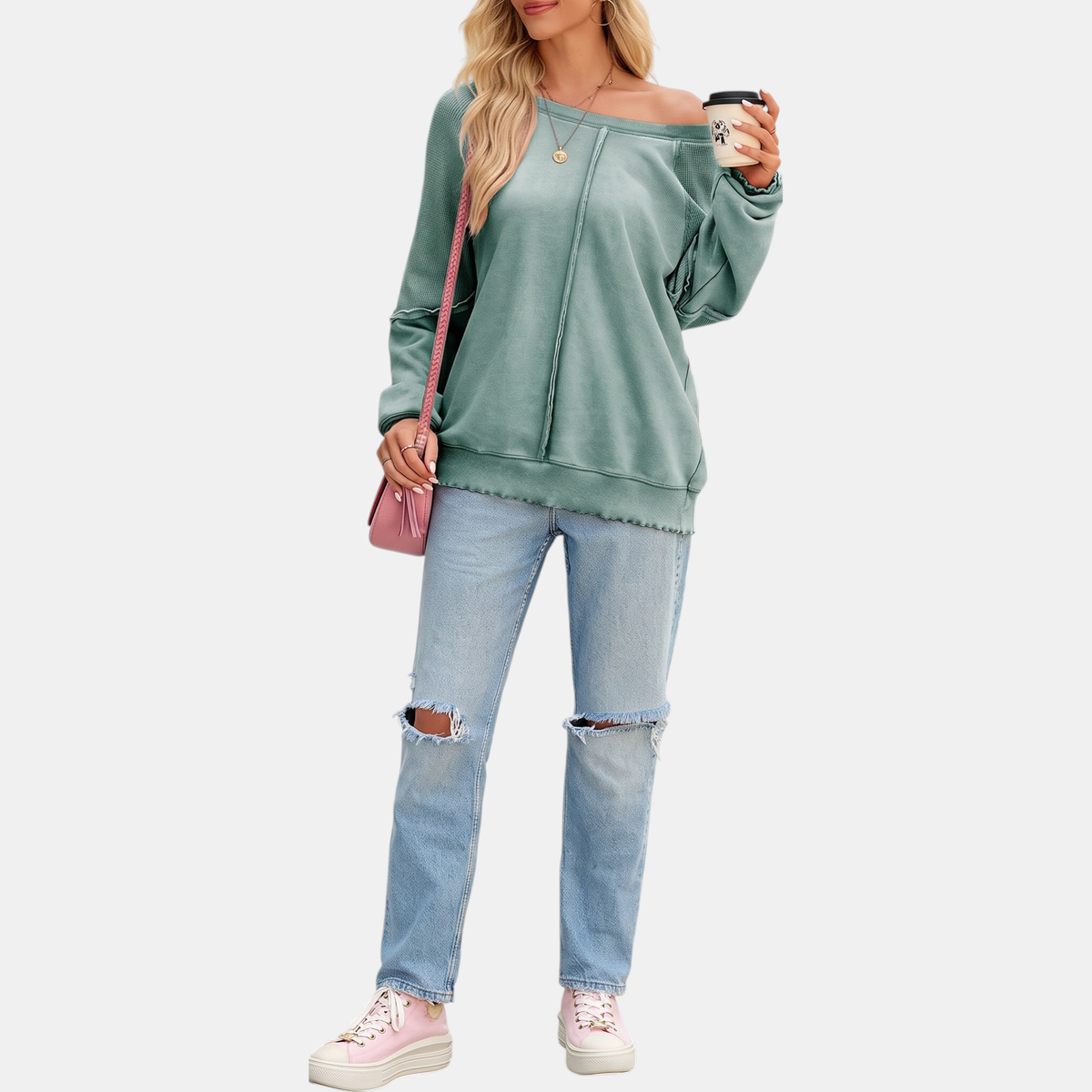 Women's Crewneck Exposed Seam Waffle Knit Oversized Sweatshirt