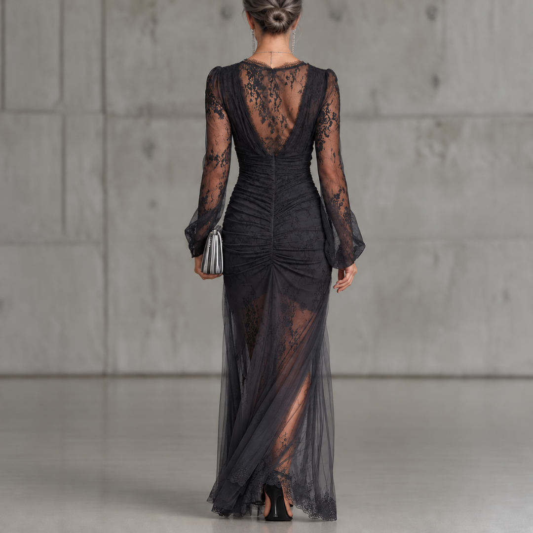 Quintina | Long deep V-neck dress with dramatic slit