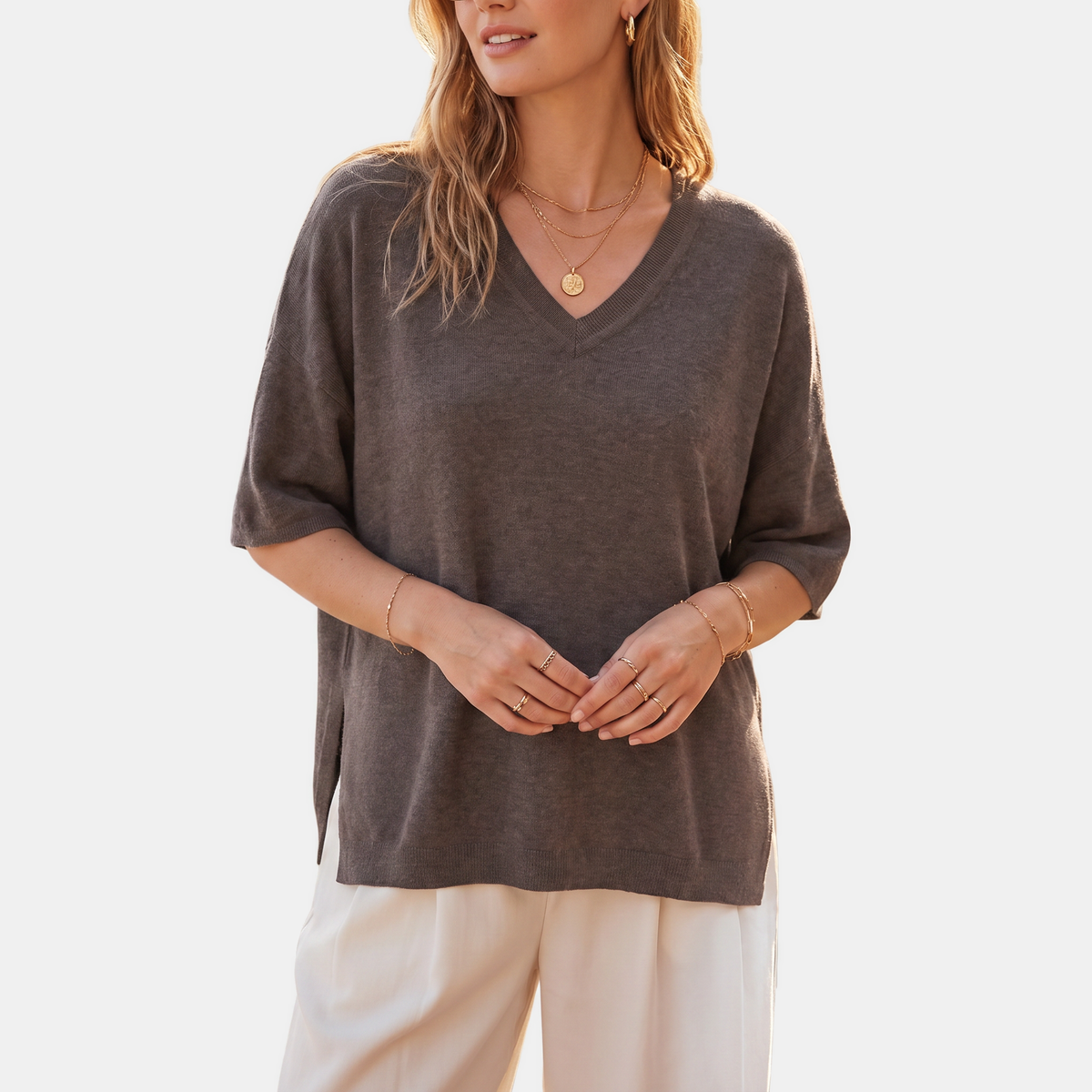 Women's Oversized Half Sleeve V-Neck Knit Sweater Top