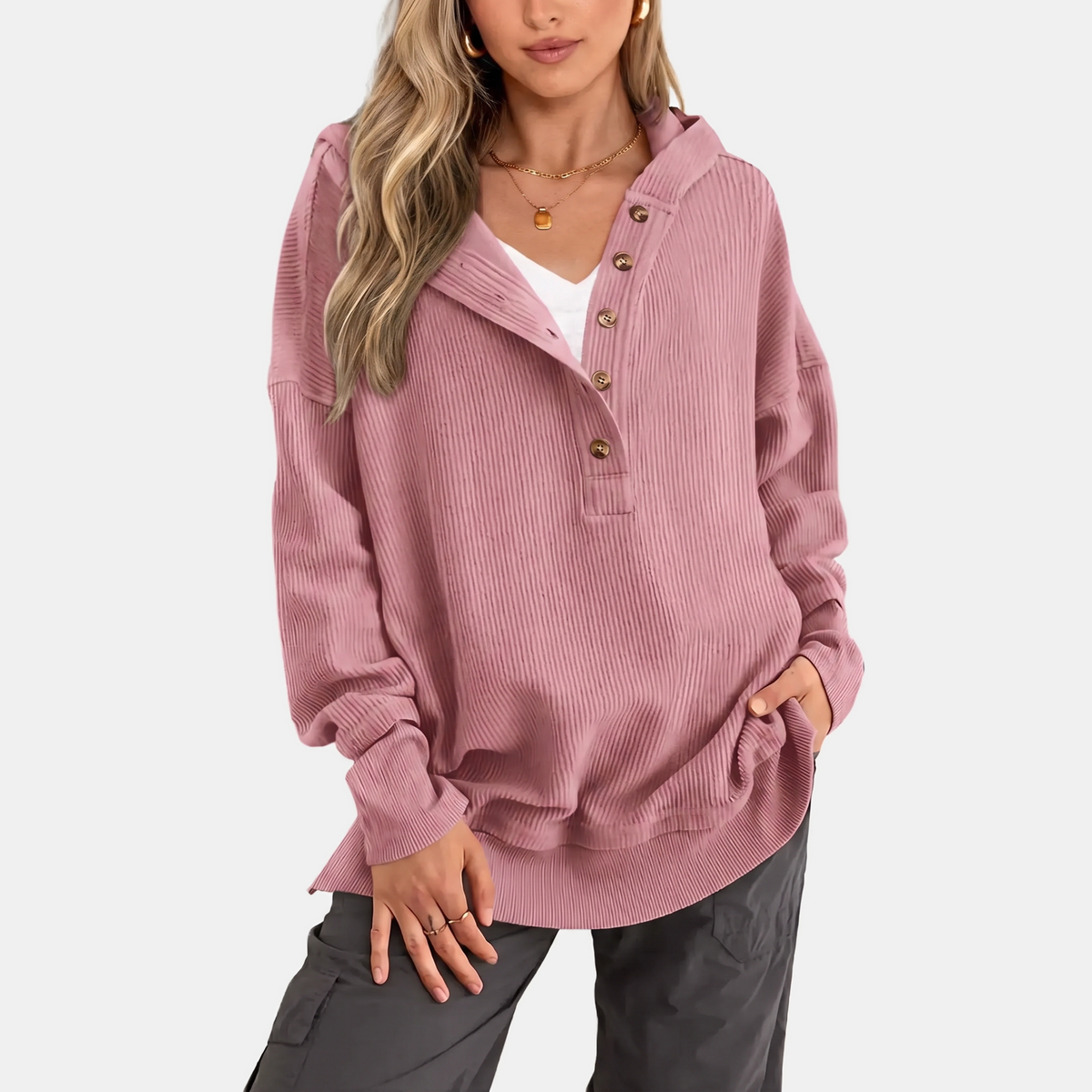 Women's Oversized Hoodie Button Front Ribbed Knit Pullover Sweatshirt