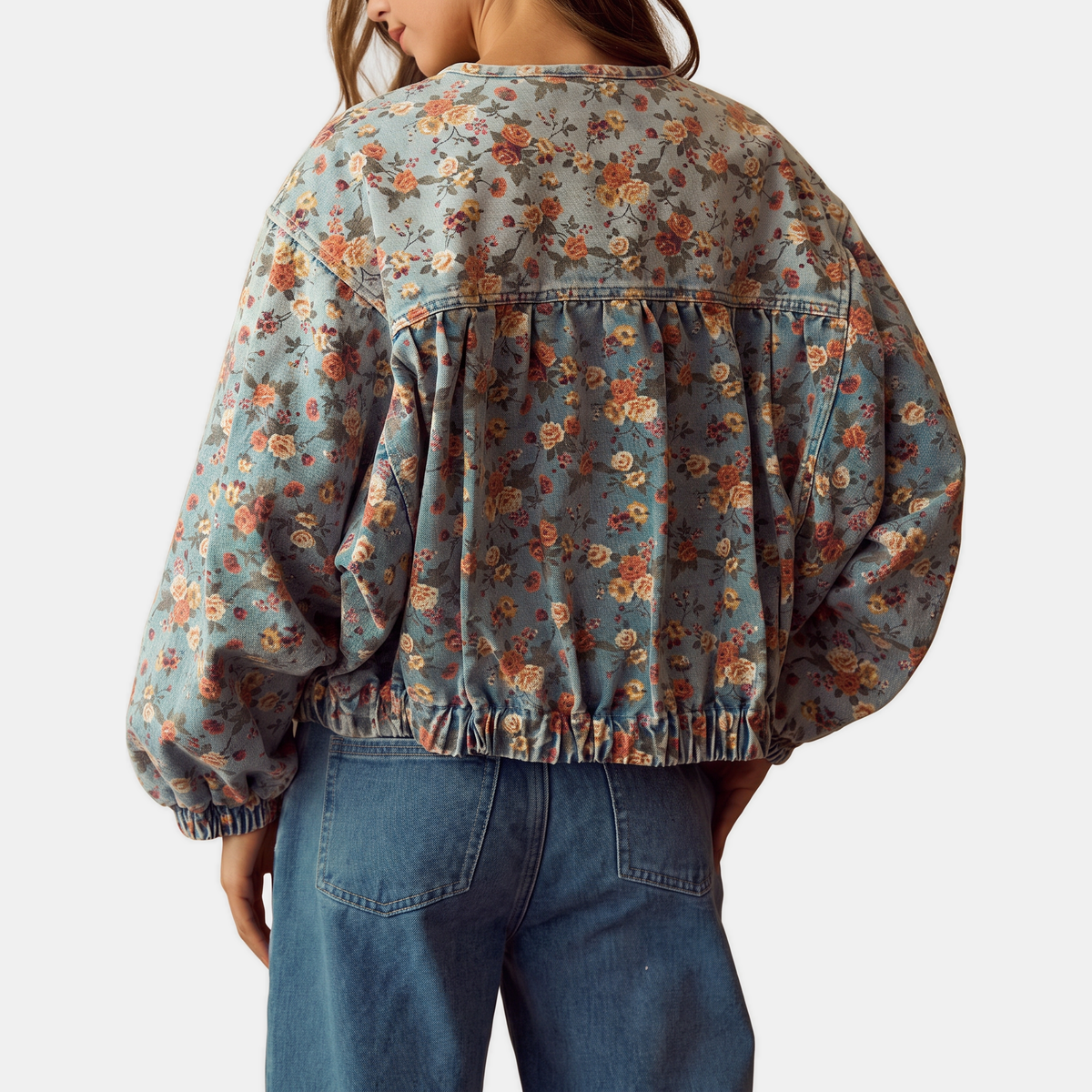 Women's Floral Denim Jacket Oversized Balloon Sleeve Short Coat