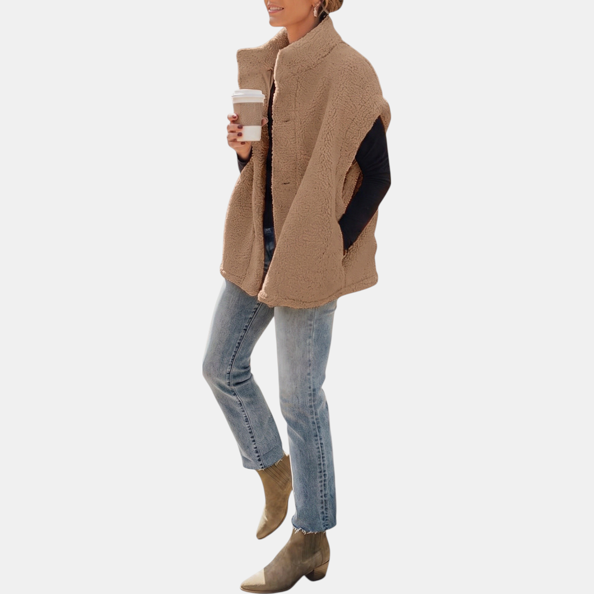 Women's Fuzzy Sherpa Button Front Oversized Fleece Vest with Pockets