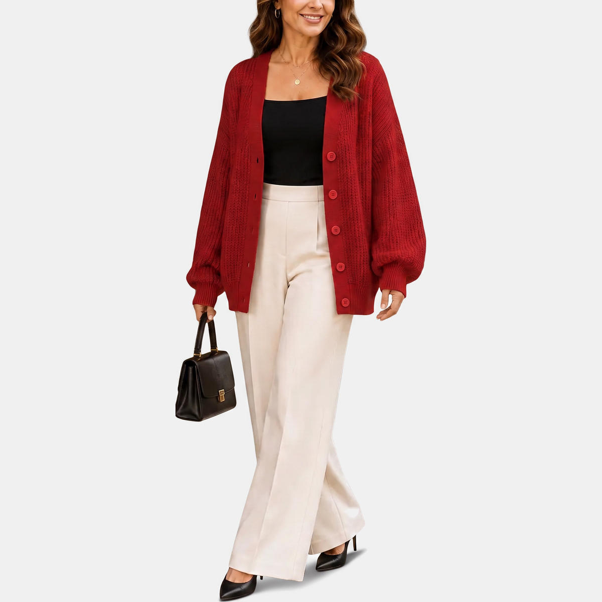 Women's Waffle Knit Cardigan Sweater with Balloon Sleeves