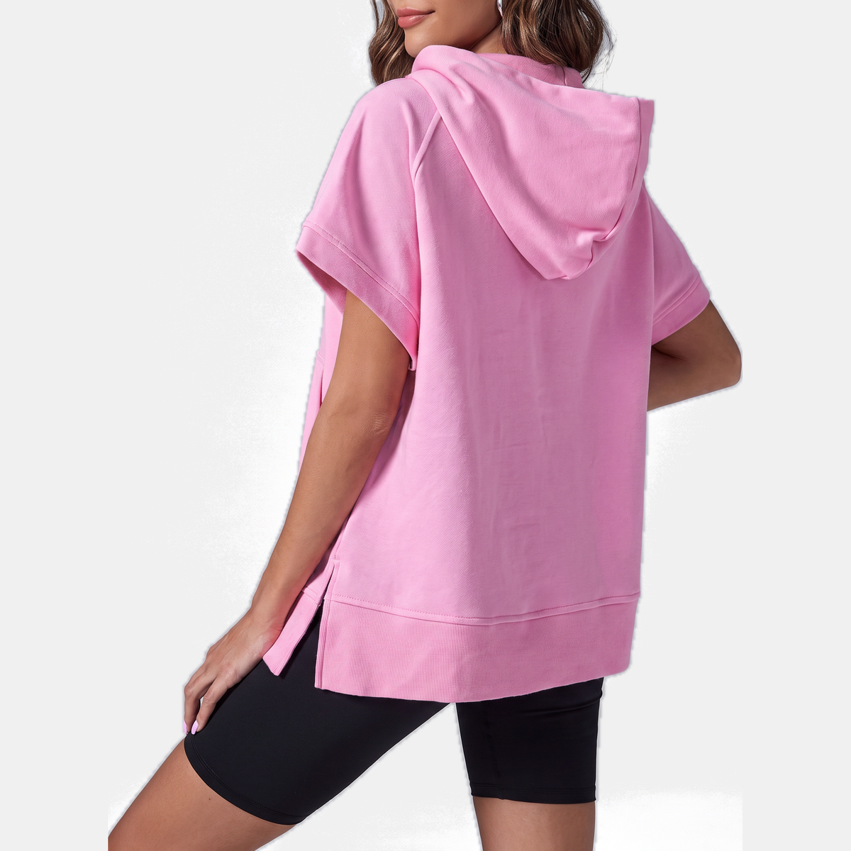 Women's Oversized Half Zip Short Sleeve Hoodie Sweatshirt with Pockets
