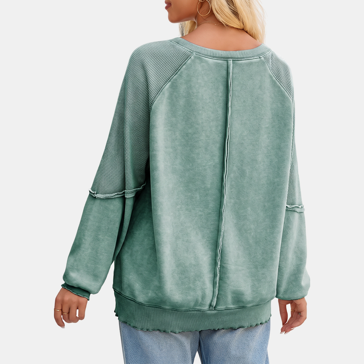 Women's Crewneck Exposed Seam Waffle Knit Oversized Sweatshirt