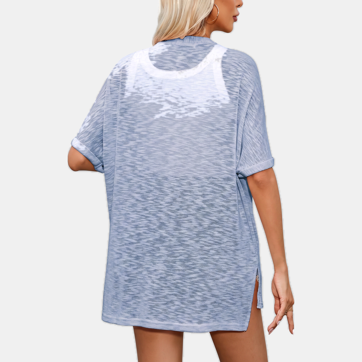 Women's Short Sleeve Open Front Cardigan Textured Knit High Low Hem