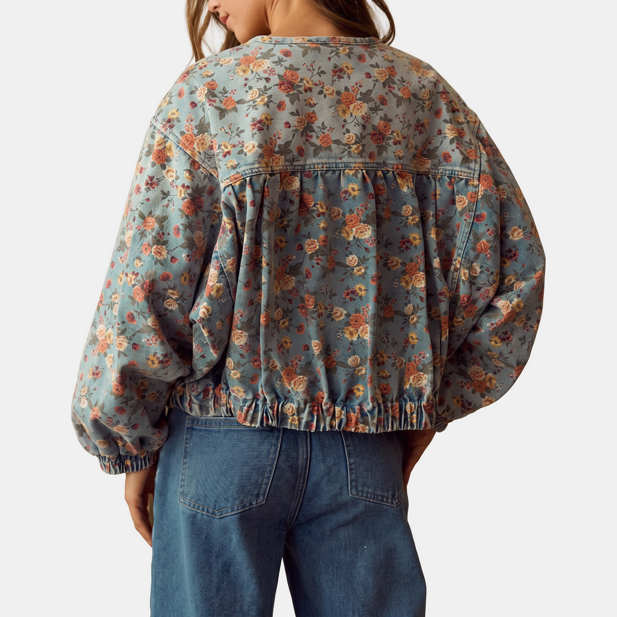 Women's Cropped Bomber Denim Jacket with Batwing Sleeves