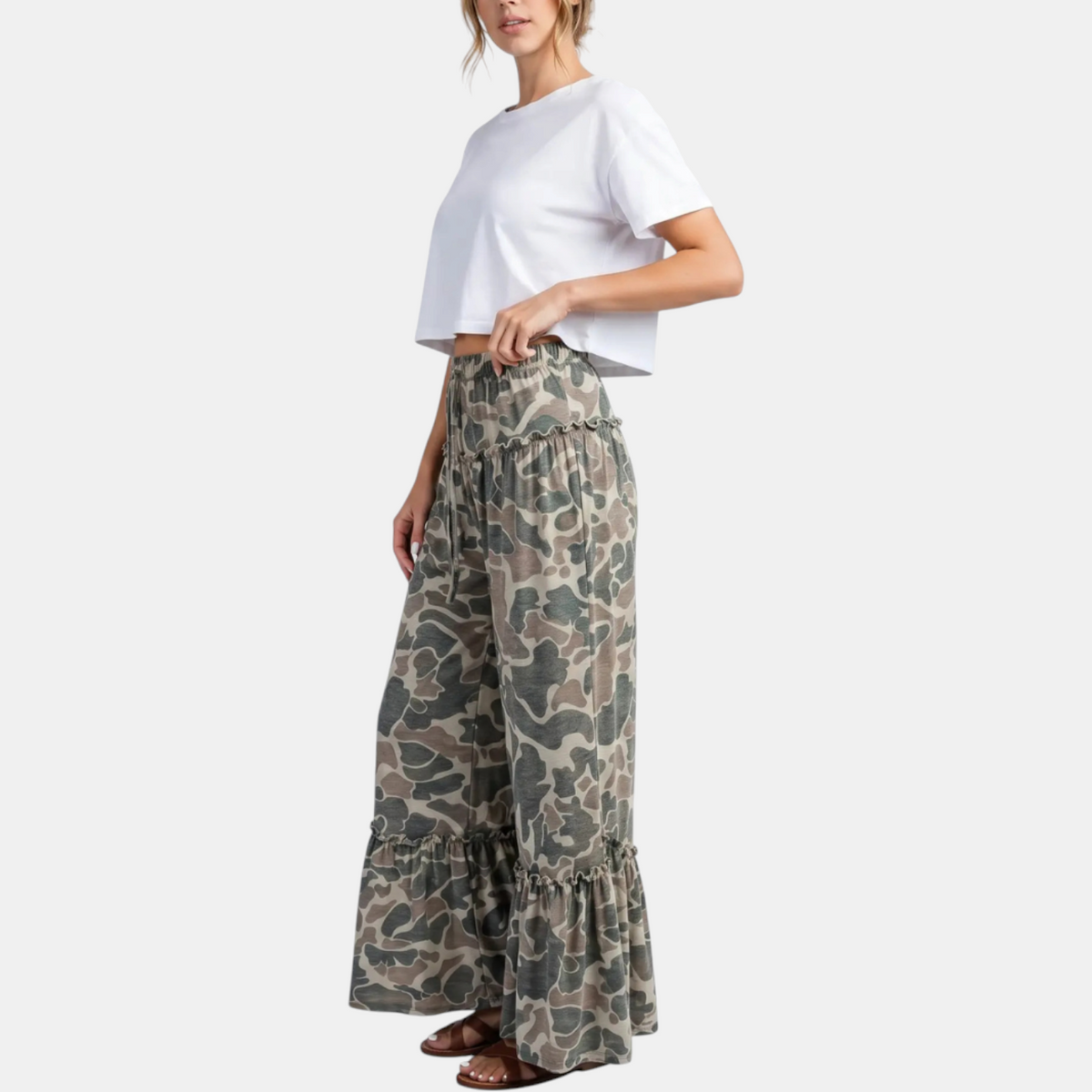 Women's Ruffle Hem Wide Leg Camo Pants with Drawstring Waist