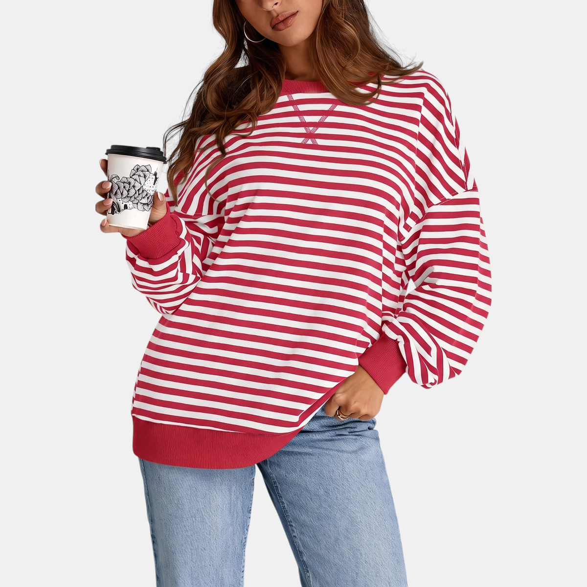 Women's Oversized Crewneck Striped Sweatshirt with Contrast Trim
