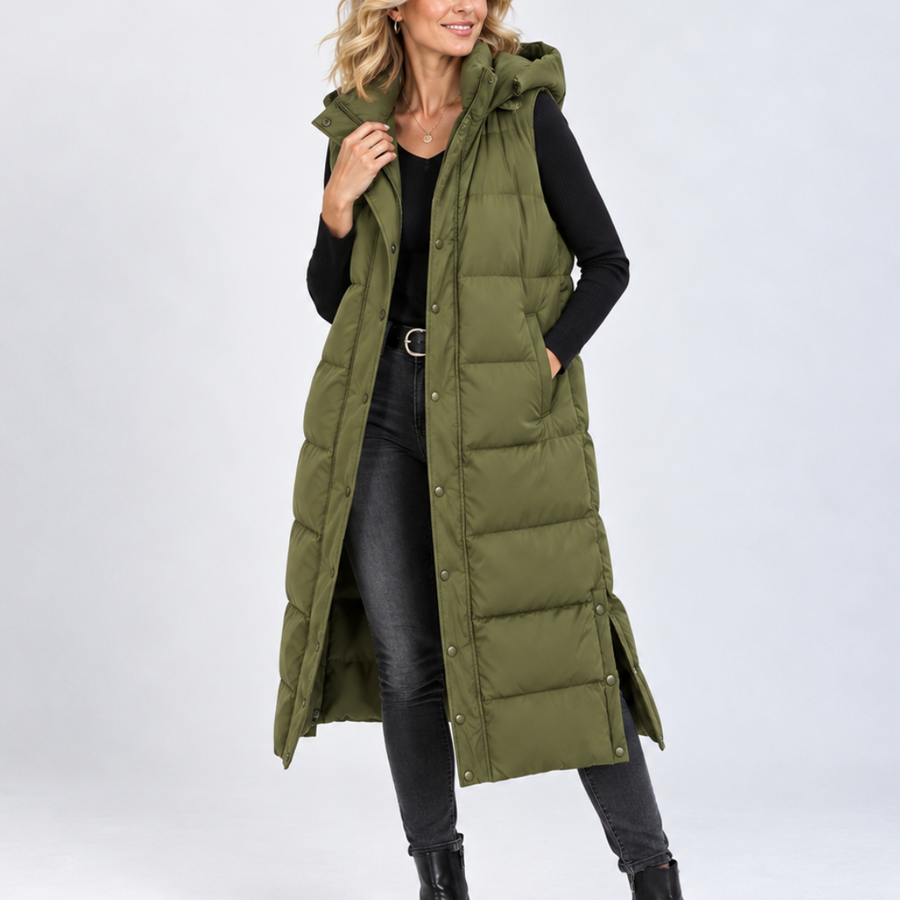 Women's Puffer Vest Quilted Hooded Maxi Length Button Down