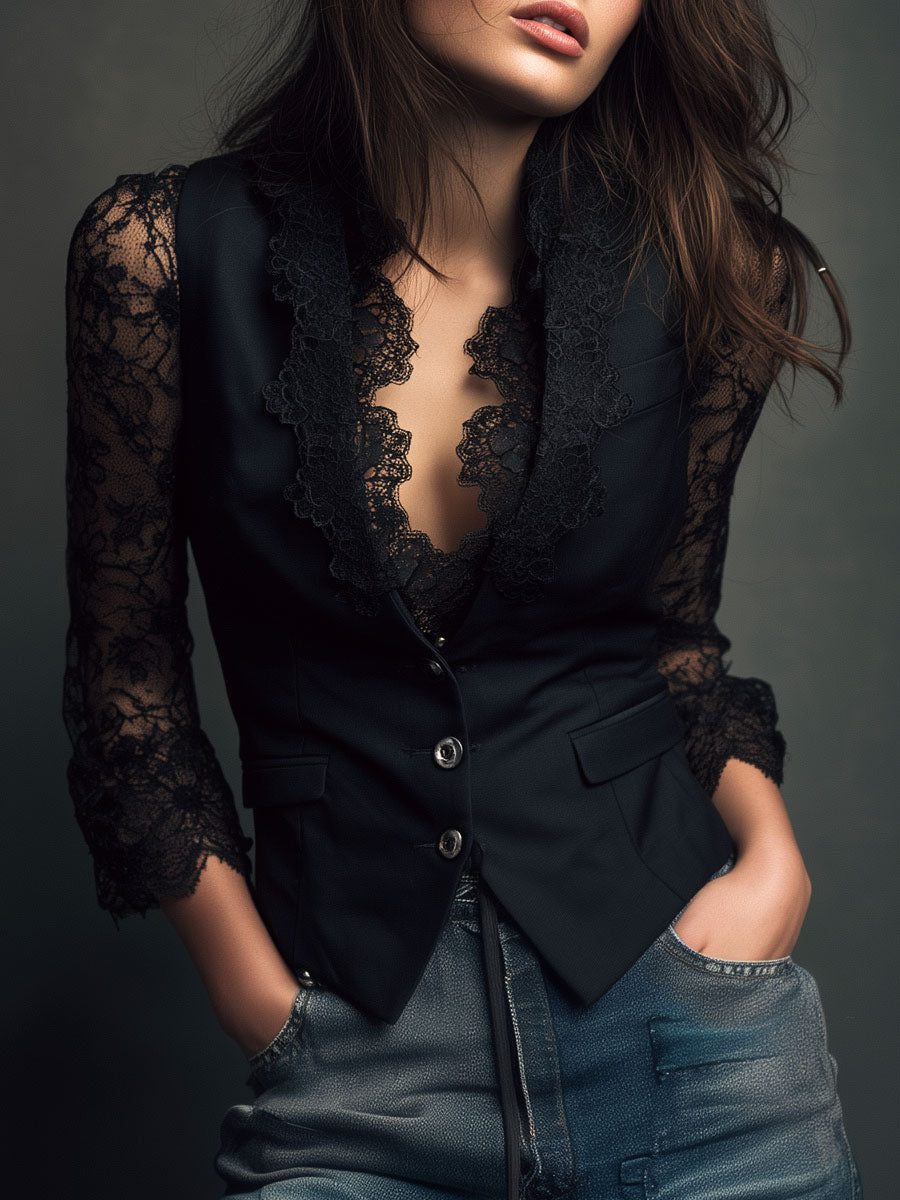Noémie | Blazer Top with Semi-Transparent Sleeves