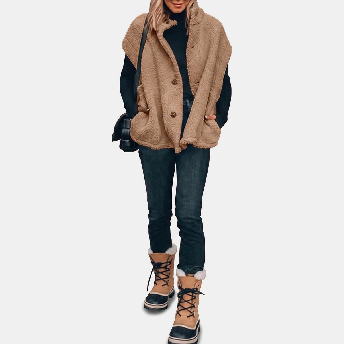 Women's Fuzzy Sherpa Button Front Oversized Fleece Vest with Pockets