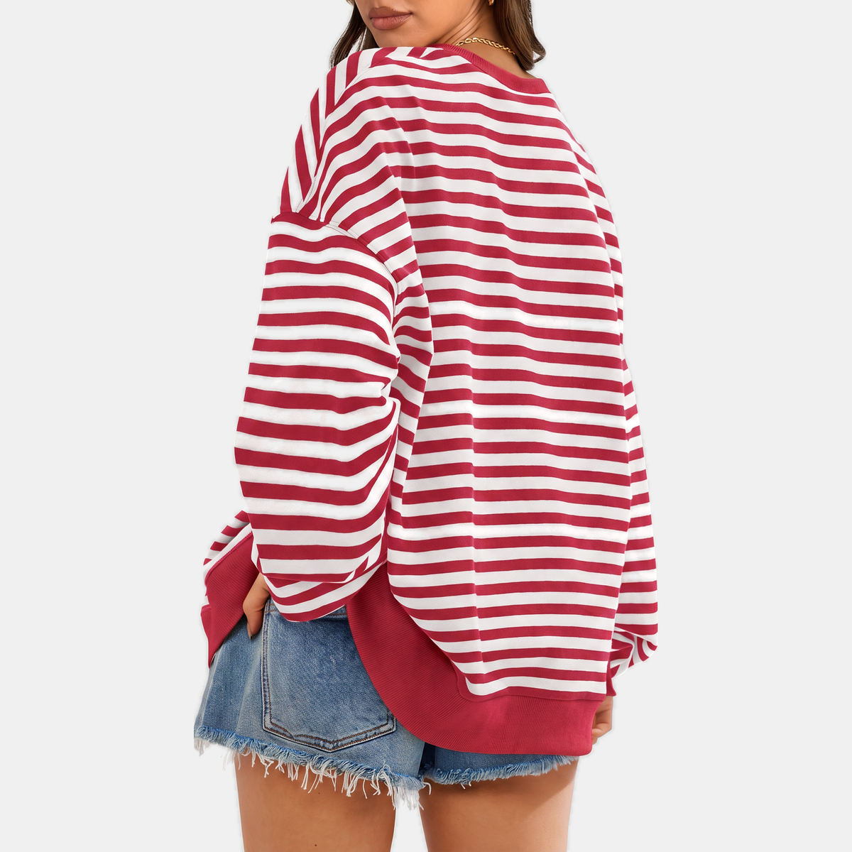 Women's Oversized Crewneck Striped Sweatshirt with Contrast Trim