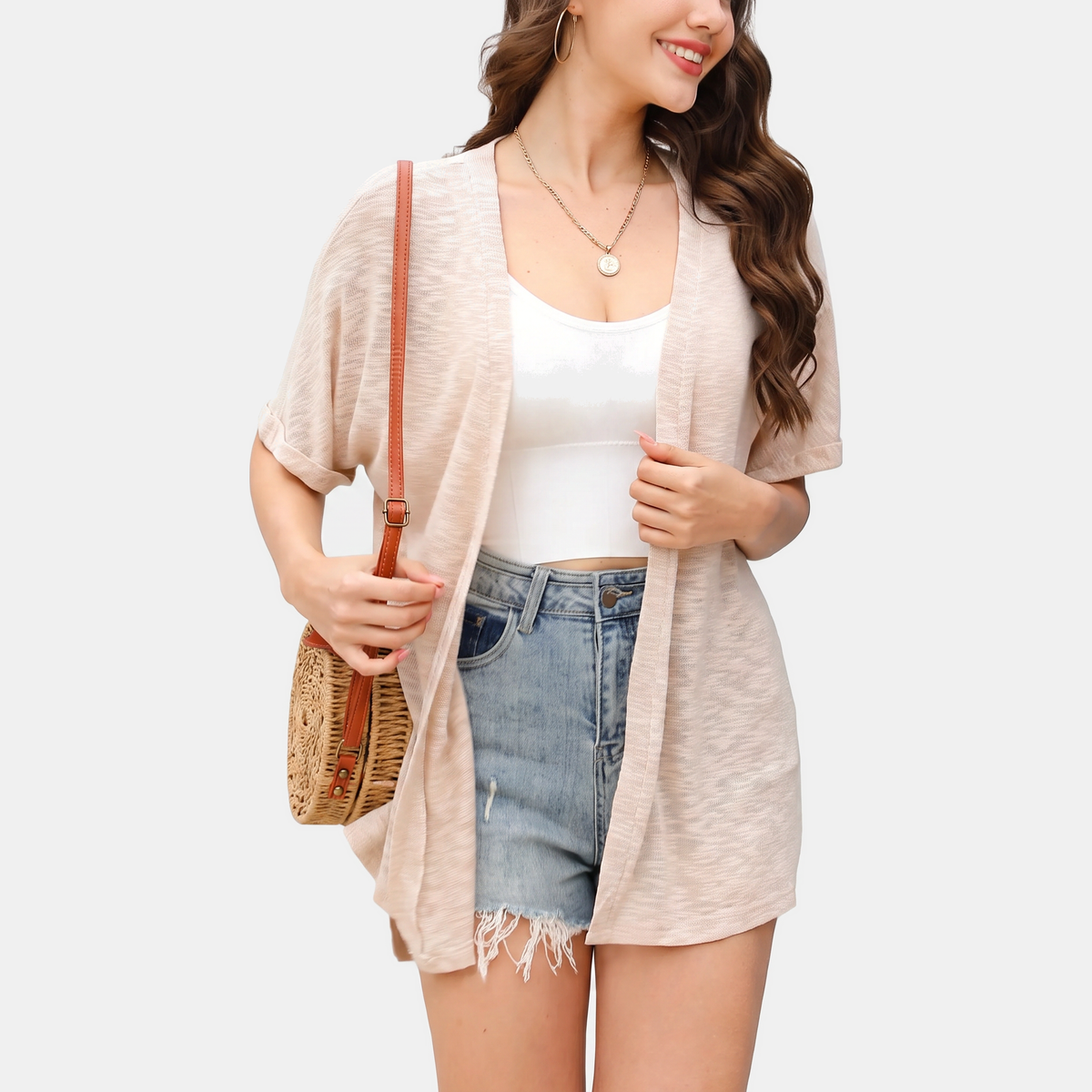 Women's Short Sleeve Open Front Cardigan Textured Knit High Low Hem