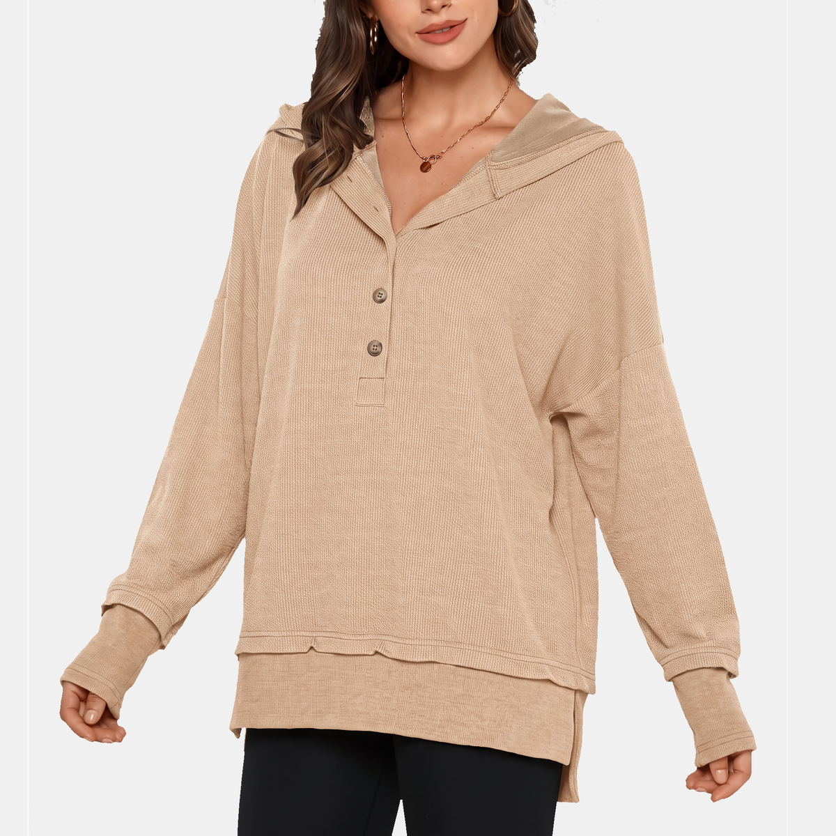 Women's Oversized Hoodie Button Front Ribbed Knit Pullover Sweatshirt