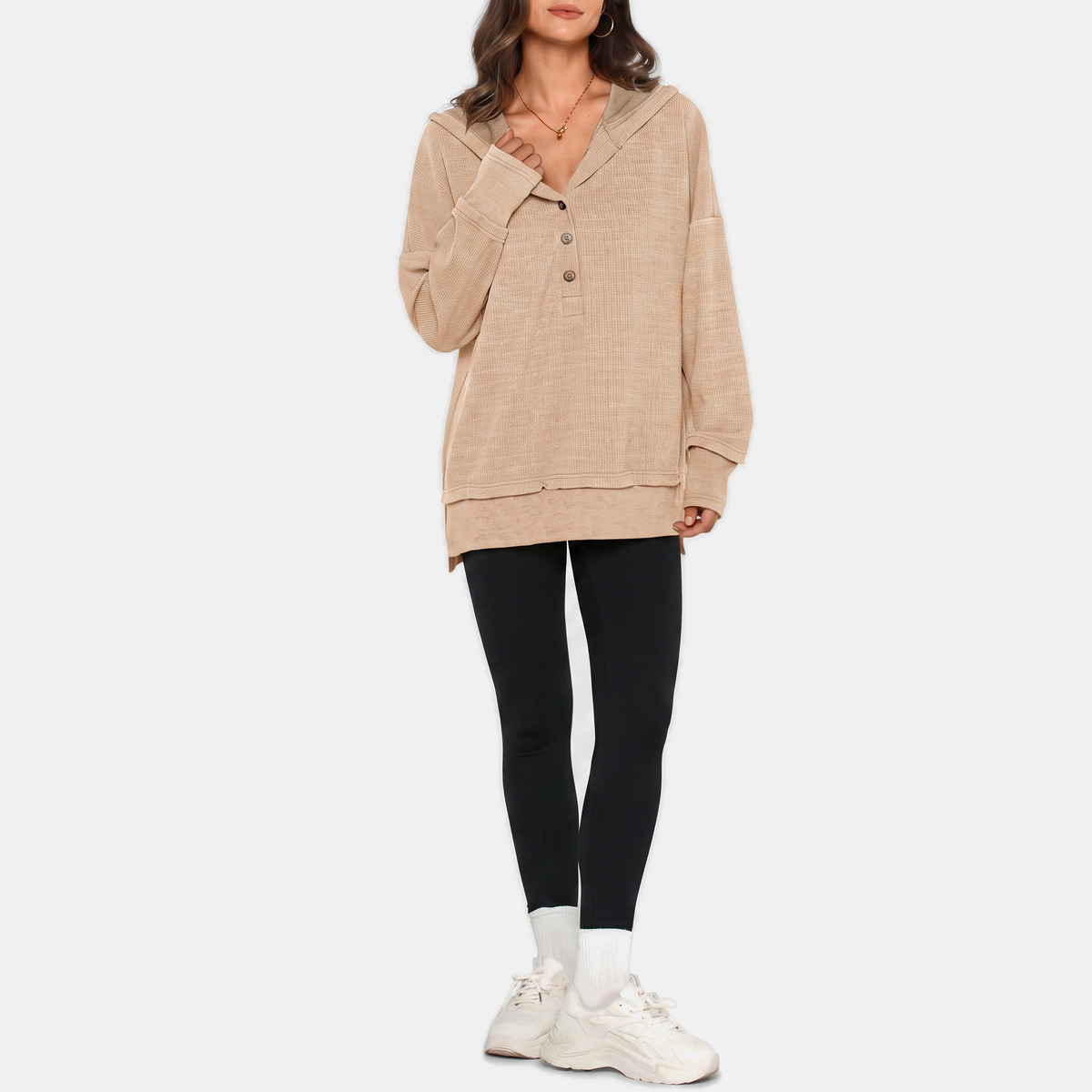 Women's Oversized Hoodie Button Front Ribbed Knit Pullover Sweatshirt