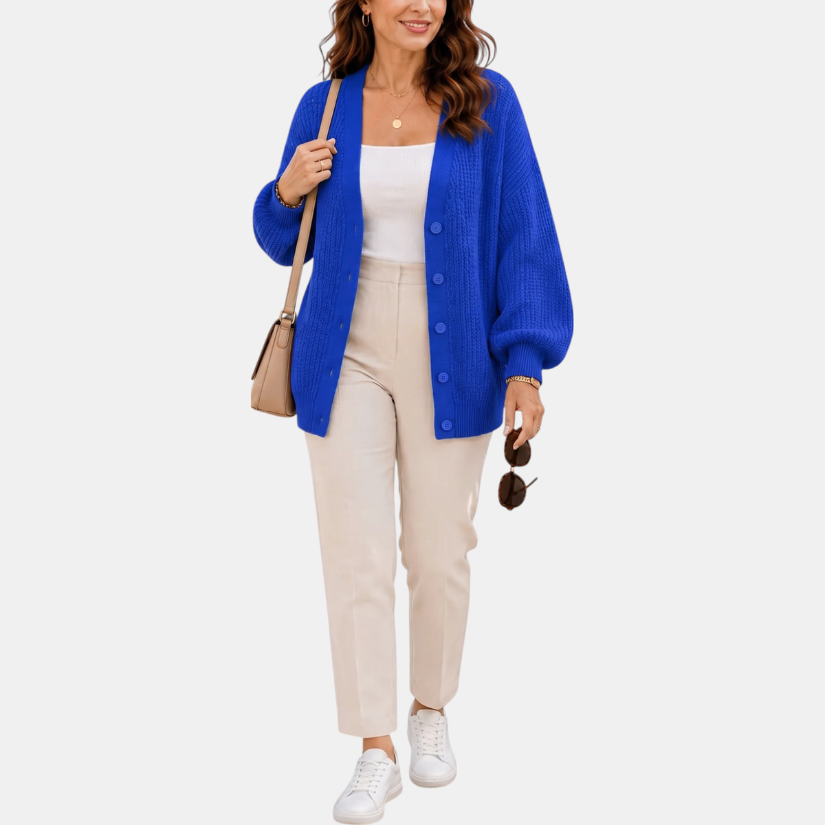 Women's Waffle Knit Cardigan Sweater with Balloon Sleeves