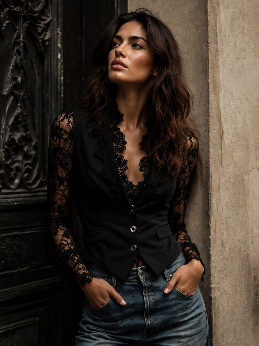 Noémie | Blazer Top with Semi-Transparent Sleeves